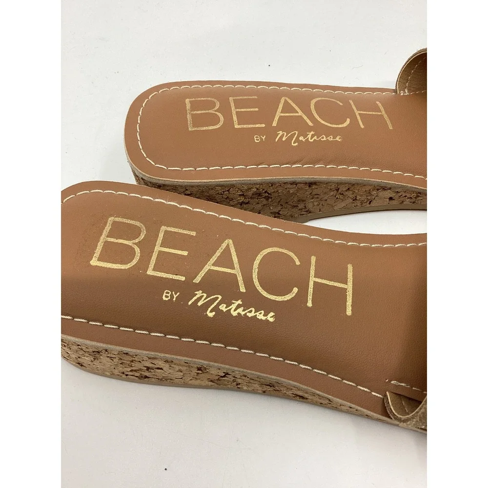 Beach by Matisse Tan Suede Cork Wedge Sandals Square Toe Buckle Slide Womens